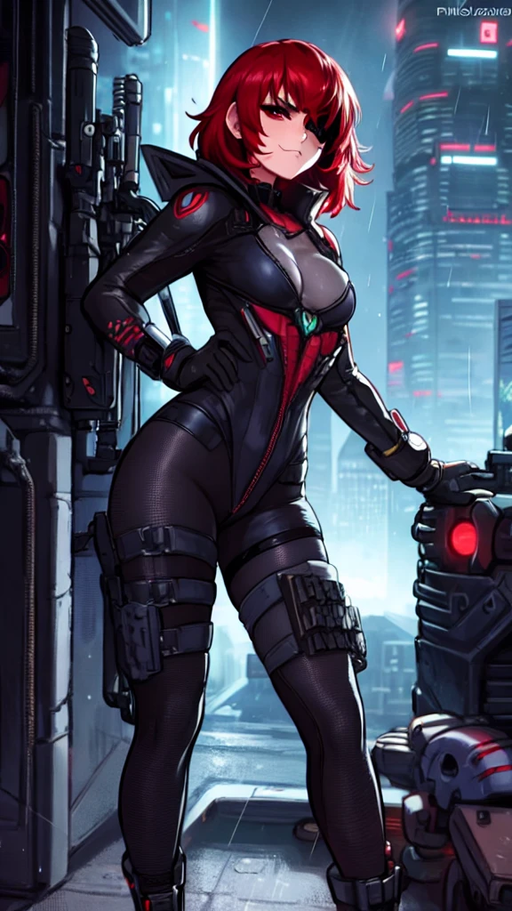 (masterpiece), best quality, expressive eymasterpiece, high-detail, sketch, dino crisis, [solo female], (aim pose, fight with raptor, holding mp5, holding weapons), black bodysuit, gray fabric layer under bodysuit, 30 year, bare shoulders, tactical fingerless glove, best quality, masterpiece, best quality, finely detail, beautiful detailed eyes, ultra detailed, extremely beautiful CG, super detailed skin, best quality, intricate, {{high quality}}, extra colors, 2D, megapixel, perfectionism, accent lighting, full HD, 4K, sukeban, sukeban deka, delinquent,) (1girl, full body, 1girl, solo female, mature female, full body, contrapposto, big boss metal gear, the boss metal gear, Escape from New York, akira, blade runner, die hard, metal gear solid v, snake plissken, rex power colt, Far Cry 3 Blood Dragon,) ( collarbone, red hair, red eyes, short hair, weird red hair, short red hair, evil smile, small_breasts, best quality, beautifully detailed face, ray tracing, DOF,HDR, smoking) (fingerless_gloves,  fully clothed, gloves, cigarette, jacket, eyepatch on one eyes, eyepatch on the left eyes, tactical gear, tactical uniform, camouflage bodysuit, sneaking_suit) gainax anime style, studio gainax art, studio gainax illustration,inspired by Masamune Shirow, studio gainax, by Masamune Shirow, beautiful charcter from evangelion (outdoors, (night:1.1), military base background, radio tower background, science fiction background, futuristque background , outdoor, akira city sky line background, official art, raining, rain, storm, science fiction military base background), perfect face, 