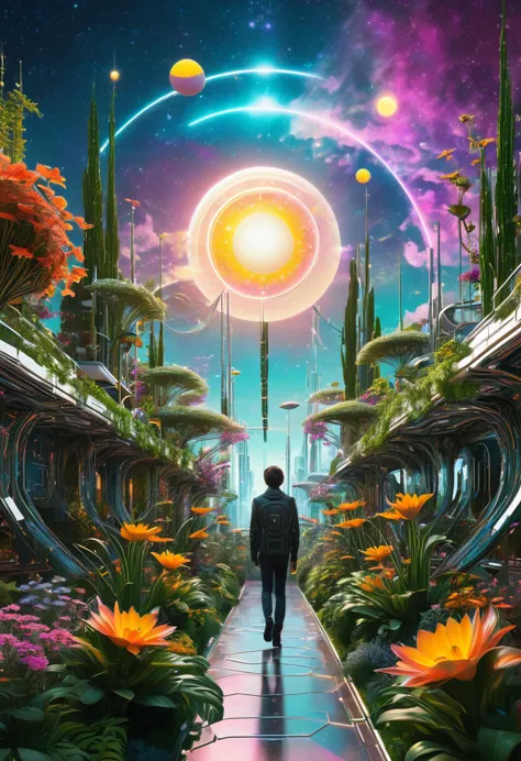 Cybernetic living room merging seamlessly into a neo-futuristic New Eden garden, sunset casting a warm glow on the distinctive i...