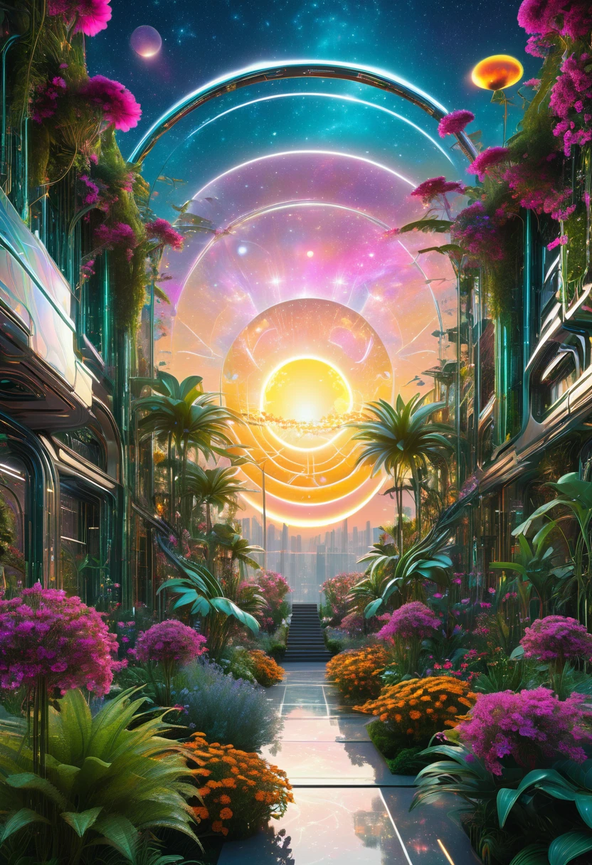 Cybernetic living room merging seamlessly into a neo-futuristic New Eden garden, sunset casting a warm glow on the distinctive individuals strolling amidst intertwined flora and structural elements, cosmic sky overhead adorned with multiple suns and moons, unified in an intricate digital art piece, incorporating Matrix-style uniCODE elements, breathtaking surreal masterpiece, ultra-fine details.