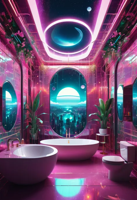 an intricately detailed digital art of a futuristic matrix-themed bathroom, alive with cybernetic motifs, stretching into a newe...