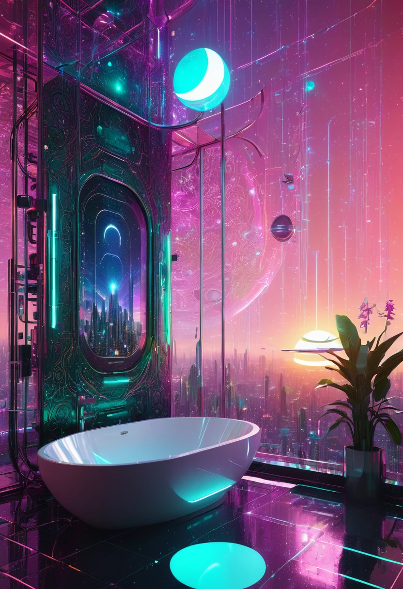 An intricately detailed digital art of a futuristic Matrix-themed bathroom, alive with cybernetic motifs, stretching into a NewEden at sunset, where people of distinct and unique beauty blend subtly with the unconventional architectures and futuristic flora, under a sprawling magnetosphere highlighted by multiple revolving suns and a crescent moon, digital render, ultra fine, neon lighting, surreal aesthetics, volumetric light