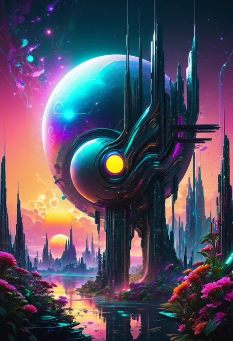 Sunset over a futuristic Matrix-inspired New Eden, cybernetic inhabitants merge with exotic flora and innovative architecture, d...
