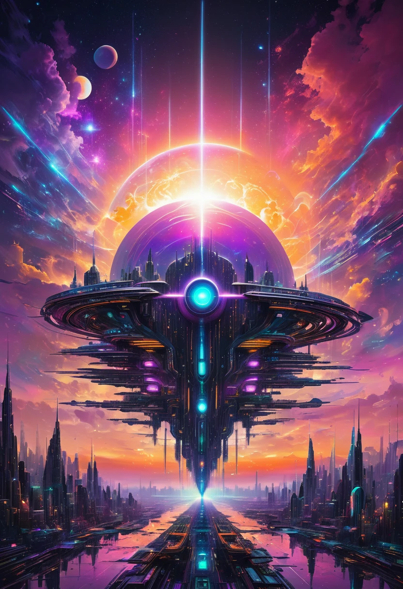 Sunset in a futuristic Matrix-inspired New Eden, cybernetic individuals interwoven with neo-organic architectures against a cosmic sky featuring multiple suns and a moon, all elements seamlessly fused within a dream-like digital painting, artistic words include "ubiquity, " "fusion, " "New Eden, " "cybernetic elegance, " with a palette of vivid oranges, purples, and pinks, ethereal