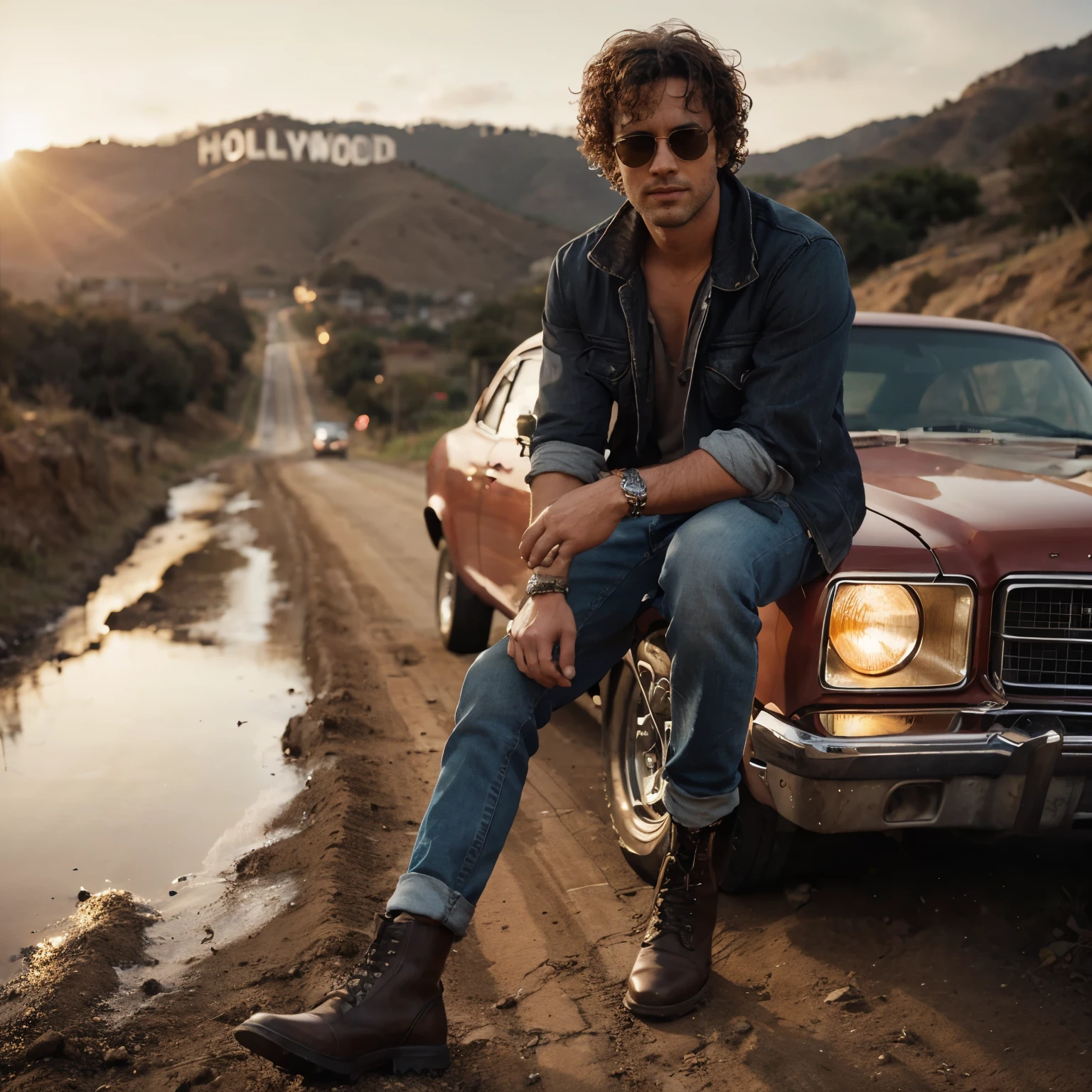 Professionelle Fotografie eines 38-jährigen romantischen Mannes mit lockigem Haar, Volle Figur, Bandana, Kleine Sonnenbrille, T-Shirt, Jeans, Jacke, Stiefel, lehnt an einem glänzenden roten Auto aus den 50er Jahren am Rand einer unbefestigten Straße, vor ihm befindet sich eine Pfütze aus Wasser, die das Licht der Sonne reflektiert Dämmerung, mit dem Hollywood Hills-Schild im Hintergrund. Ruhige Atmosphäre, filmisches Porträt, Feldweg, der sich weit hinter ihm erstreckt, heller Abendhimmel, scharfer Fokus, Betrachter ansehen