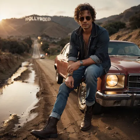 Professional photography of a 38 year old romantic man with curly hair, full figure, bandana, small sunglasses, t-shirt, jeans, ...