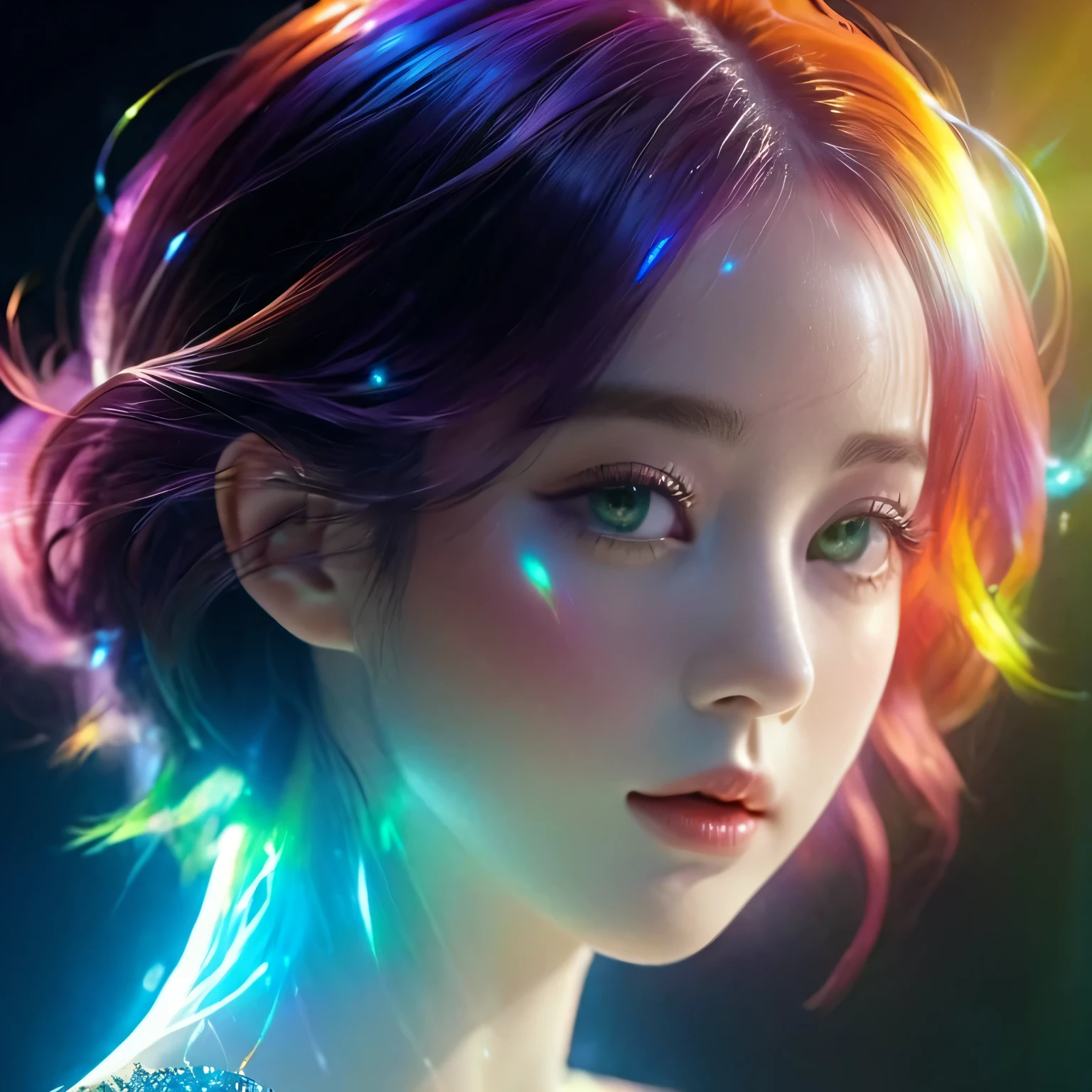 {{Masterpiece}}, best quality, A collection of 8k CG wallpapers that are very detailed., movie light, lens flare, The details are beautiful to the eye., black,  side view,  colorful hair, Rich and colorful light, particle, Heterochromia, (Rich and colorful:1.5), (Rich and colorful hair:1.5),