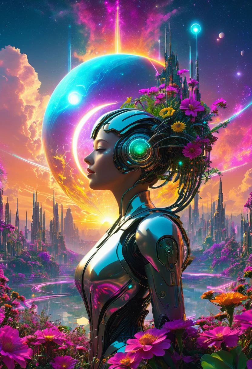 Cybernetic dreamscape envisioning a neo-age New Eden at sunset, beautiful unique individuals, flora intertwined with architecture under a cosmic sky featuring multiple suns and moons, digital art, ultra-detailed, vibrant colors, interplay of light and shadow, octane rendering.