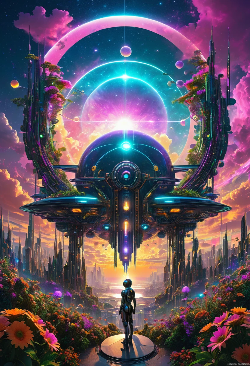 Cybernetic dreamscape envisioning a neo-age New Eden at sunset, beautiful unique individuals, flora intertwined with architecture under a cosmic sky featuring multiple suns and moons, digital art, ultra-detailed, vibrant colors, interplay of light and shadow, octane rendering.