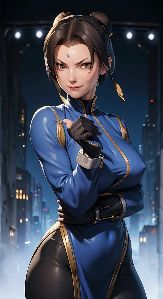 Solitário, obra de arte, melhor qualidade, azedo, suéter cinza, Meias pretas, permanente, olhando para o público, cabelo curto,olho,Sorriso maléfico, expressão, Chun-Li,luvas pretas,Terno Azul,Cara doente,pouca iluminação,Coxa curada
