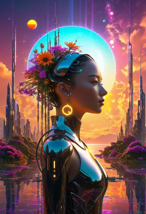 Neo-age NewEden, bathed in the warm glow of a sunset, featuring unique individuals and fusion of flora with futuristic architect...