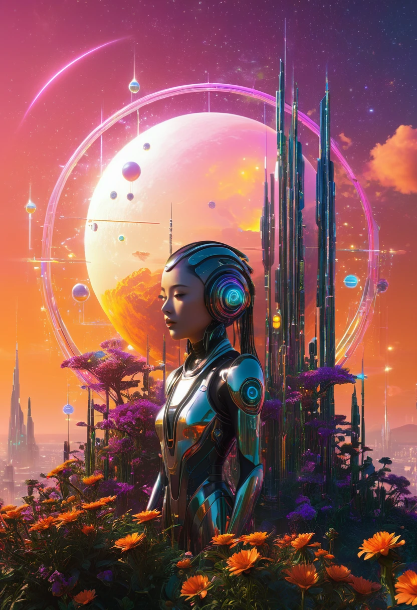 Neo-age NewEden, bathed in the warm glow of a sunset, featuring unique individuals and fusion of flora with futuristic architecture, set against a backdrop of a cosmic sky with multiple suns and moons, cybernetic dreamscape encapsulated in a digital matrix of unicode symbols, ultra-realistic, volumetric lighting, digital painting.