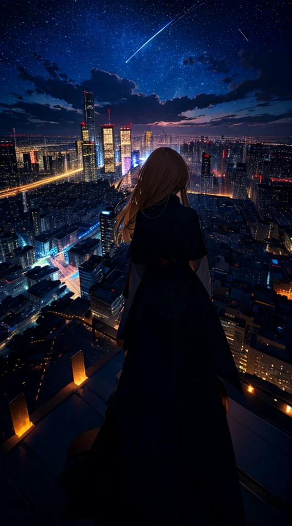 １people々々々々々々々,Blonde long-haired woman，Long coat， Dress Silhouette， Rear View，Space Sky, shooting star, Anime Style, City night view from the rooftop，