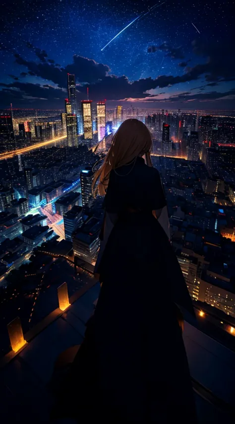 １people々々々々々々々,Blonde long-haired woman，Long coat， Dress Silhouette， Rear View，Space Sky, shooting star, Anime Style, City night...