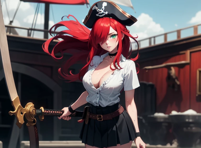 ((masterpiece, best quality, high resolution, UHD, pixel perfect, depth of field, 8k, RTX, HDR)), 1 girl, girl stile anime, cowboy shot, BREAK, very long hair, curly hair red hair, lock of hair covering one eye, green eyes, well defined eyes, high definition eyes, eyelashes and black shadow under the eyes, high gloss eyes, looking at the viewer, tricorn with a feather cap, pirate clothes, wearing pirate gun belt, wearing a red pleated miniskirt, miniskirt fluttering in the wind, black panties, wearing a white t-shirt, with a pronounced neckline, with tatto of skull in the arm, BREAK, oily skin, with a lot of sweat on the body, perfect anatomy, cleavage, neckline,( big teats 1.7), blouse with white ruffles, with a neckline, with black boots, up to the knees, BREAK, wearing a black choker, standing facing viewer, holding a pirate sword, ((with a sword in his hand)), on a pirate ship with the sea in the background. 