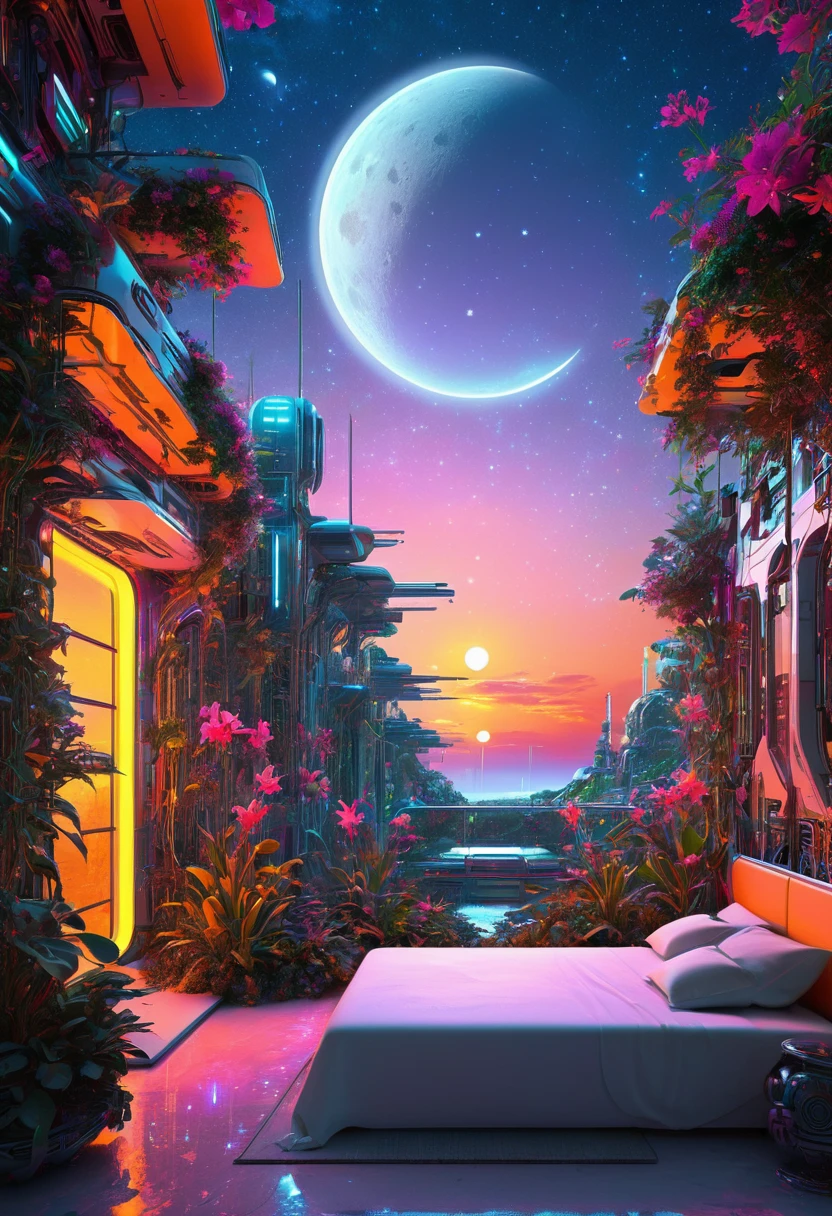 Sunset in a neo-age version of Eden, cybernetic robotic bedroom featuring future matrix unicode dreams, unique individuals melding with exotic flora and architecture, under a cosmic sky filled with multiple suns and a visible moon, digital painting, neon glow, volumetric lighting, highly detailed, ultra-fine textures