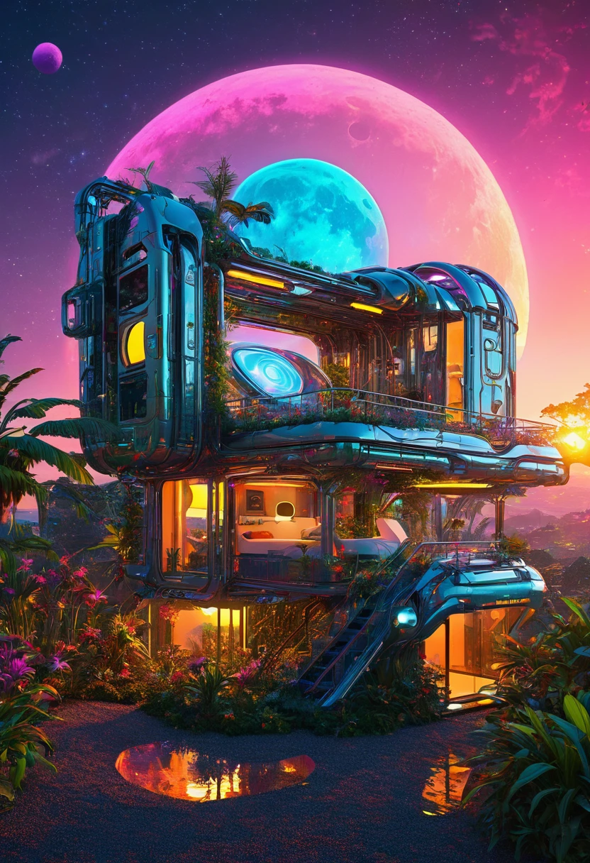 Sunset in a neo-age version of Eden, cybernetic robotic bedroom featuring future matrix unicode dreams, unique individuals melding with exotic flora and architecture, under a cosmic sky filled with multiple suns and a visible moon, digital painting, neon glow, volumetric lighting, highly detailed, ultra-fine textures