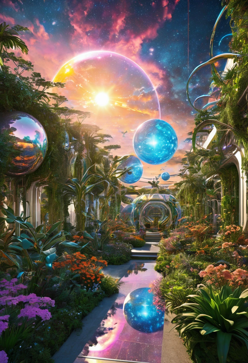 Cybernetic living room merging seamlessly into a neo-futuristic New Eden garden, sunset casting a warm glow on the distinctive individuals strolling amidst intertwined flora and structural elements, cosmic sky overhead adorned with multiple suns and moons, unified in an intricate digital art piece, incorporating Matrix-style uniCODE elements, breathtaking surreal masterpiece, ultra-fine details.