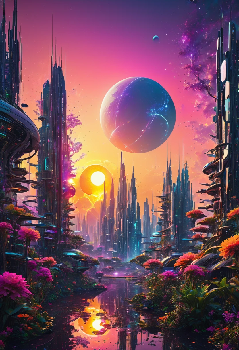 Sunset over a futuristic Matrix-inspired New Eden, cybernetic inhabitants merge with exotic flora and innovative architecture, digital art capturing the cosmic dance of multiple suns and a dramatic moon, a scene pulsating with the unique dreamscape of future living, neo cyberpunk aesthetic, radiant hues, volumetric light casting intricate shadows, intricate linework, digital painting, ultra realistic, breathtaking surreal masterpiece