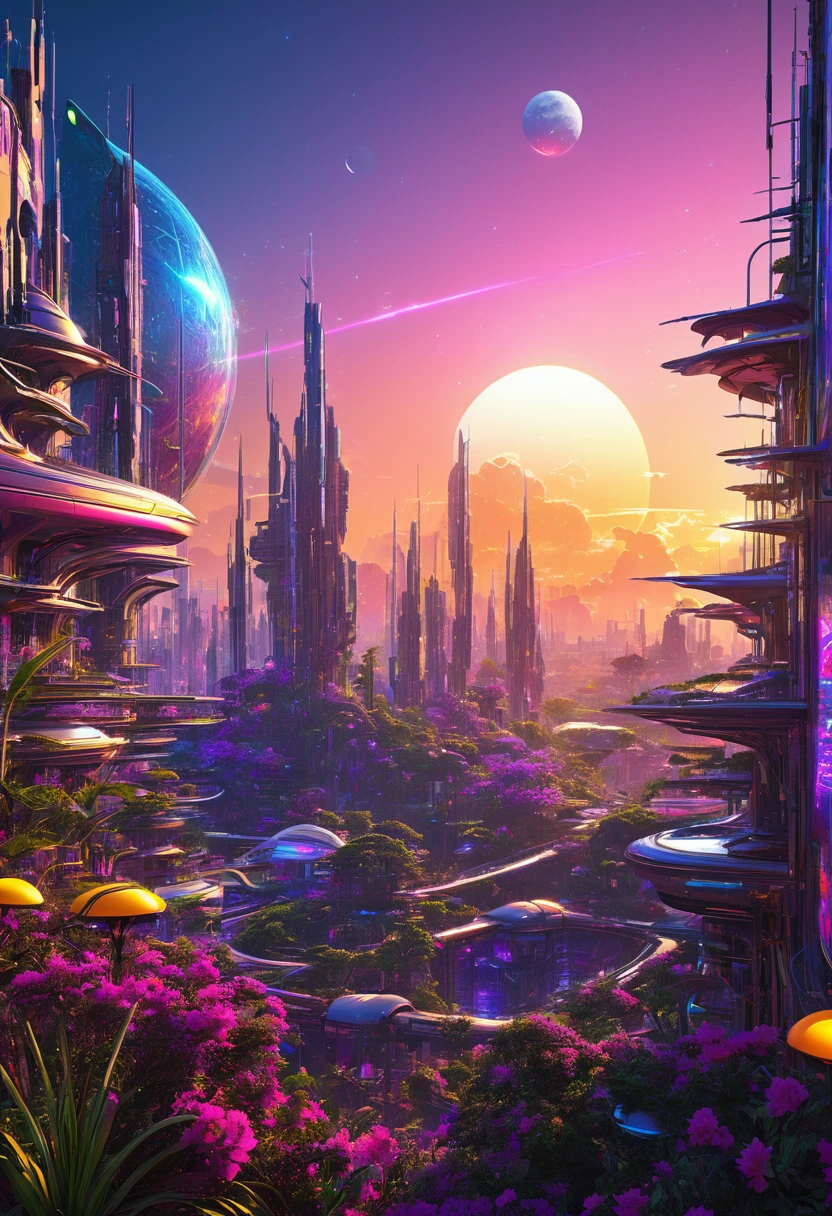 Sunset over a futuristic Matrix-inspired New Eden, cybernetic inhabitants merge with exotic flora and innovative architecture, digital art capturing the cosmic dance of multiple suns and a dramatic moon, a scene pulsating with the unique dreamscape of future living, neo cyberpunk aesthetic, radiant hues, volumetric light casting intricate shadows, intricate linework, digital painting, ultra realistic, breathtaking surreal masterpiece