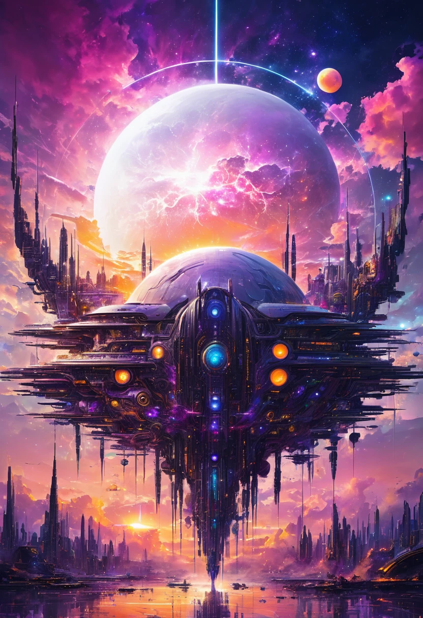 Sunset in a futuristic Matrix-inspired New Eden, cybernetic individuals interwoven with neo-organic architectures against a cosmic sky featuring multiple suns and a moon, all elements seamlessly fused within a dream-like digital painting, artistic words include "ubiquity, " "fusion, " "New Eden, " "cybernetic elegance, " with a palette of vivid oranges, purples, and pinks, ethereal