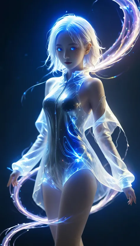 bail_particle,bail_line,lineแสง,particleของแสง,A girl made of particle,white hair,Halter_set,1 girl,bail_Light element,Transluce...