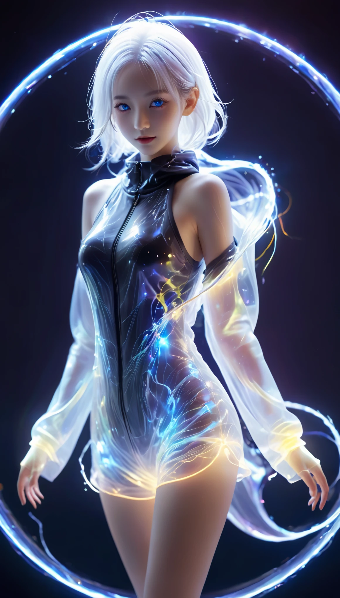 bail_particle,bail_line,lineแสง,particleของแสง,A girl made of particle,white hair,Halter_set,1 girl,bail_Light element,Translucent luminous body,A girl made from light,
((dark)),epic,8k,Fantasy,very detailed,magic,((range hood)),(range hoodie),((((hair on one eye)))),Cast a spell.,Black hole,fish,((glow eyes)) ((blue eyes)),((glow)),((in full bloom)),beautiful,Masterpiece,nonsense,best quality,stand,1 girl,human,evil,evil grin,apocalypse,destruction,end of the world,crazy eyes,Crazy,mental disorder,looking down,predominate,(sadism),((Demoniac)),spear,spectrum,scary,circle,edge,edge light,crescent,abyssal,shorts,Groin,hip bone,hip line cowboy shot,magic Circle,too much energy,sci-fi,abyssaltech,พลังงานdark,impersonal,dissolve,see through,abyss,antitech,sci-fi,pure energy,thigh,
