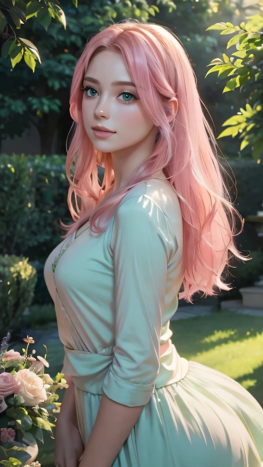 (best quality, 4k, 8k, high resolution, masterpiece: 1.2), ultra-detailed, (realistic, photorealistic, photorealistic: 1.37), long-haired woman (pink, pink) with (large, large) ( bright, sparkling ) green eyes, sidelong glance with pensive look, hair gently swaying in the wind, delicate and angelic personality, [rosy cheeks], [slender body], [ballet suit with skirt], [soft, ethereal lighting], [tranquil garden background], colors (beautiful, stunning), pastel color palette (subtle and elegant), [lush green foliage], [vibrant flowers], [gentle breeze], [serene atmosphere]
