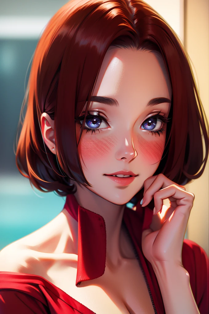 1 woman，Red clothes，masterpiece，close up，Looking at the camera，blush，Smile， Detailed fingers， Beautiful hands， 1 woman， brunette color hair： 1.1， Super detailed face， Delicate lips， Delicate eyes， Double eyelids，Whole body 1:1，Huge Breasts，Komono