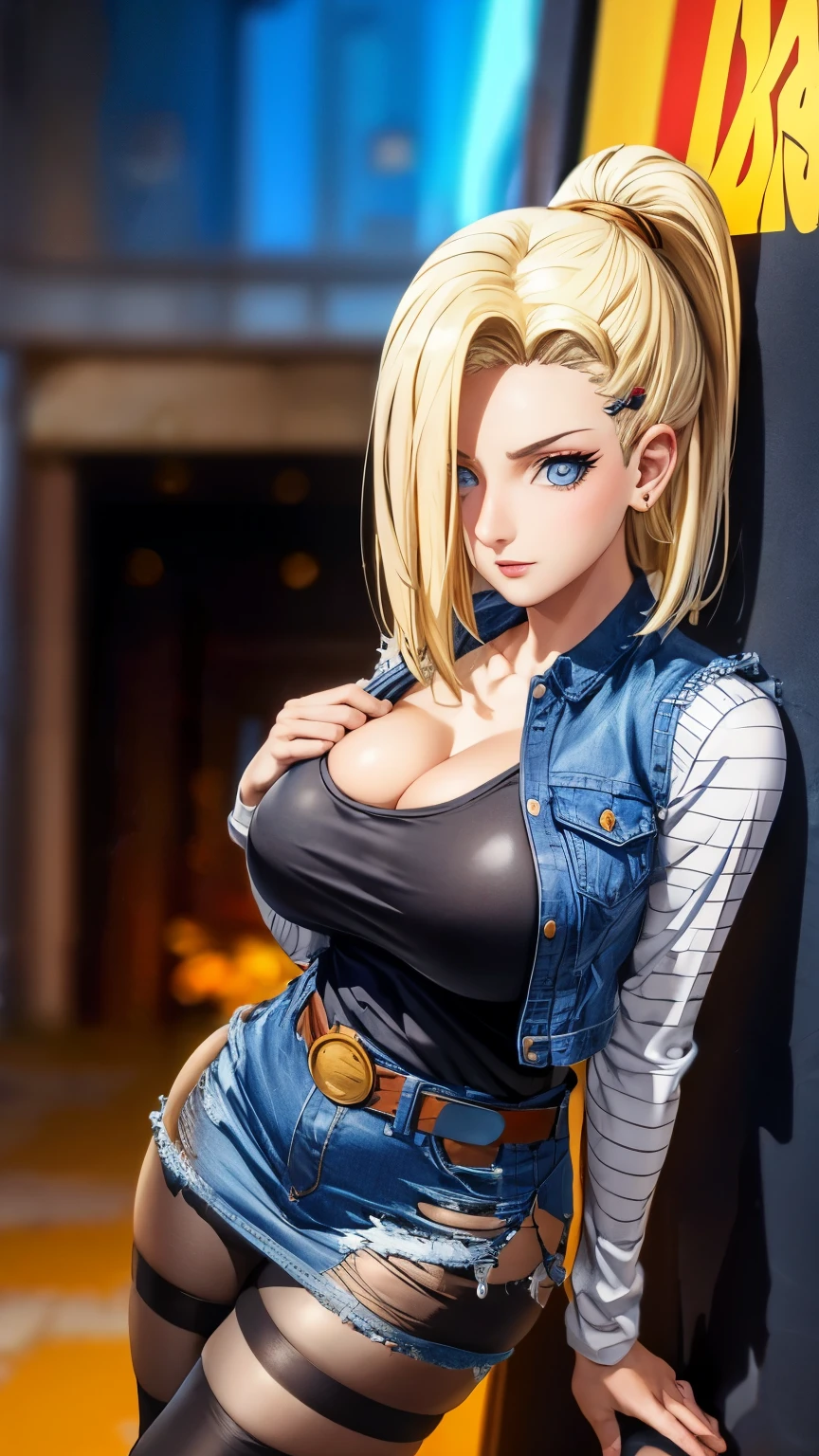 unparalleled masterpiece, ultra realistic 8k CG, perfect artwork, (1girl:1.1) , solo, ((perfect female figure)), (nsfw), looking at viewer, mature female, bimbo (android 18) standing, (teasing), best quality:1.1 , seductive posture, sexy pose, alluring, (beautiful), (curvy), (thick), blonde hair, (blue eyes:1.2), short hair, earrings, jewelry, denim vest, open vest, black pantyhose, black shirt, denim skirt, striped long sleeves,