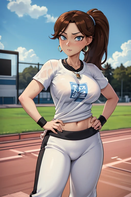 Masterpiece, high resolution, high quality, intricate details, anime girl, full body portrait, front view, 1girl, solo, 36 year old woman, attractive woman, mature face, mature beauty, brown hair, short ponytail, blue eyes, athletic body, medium breasts, curvy hips, arrogant smile, ((Wearing: White Gym T-shirt, Black Gym sweat pants, whistle necklace and black tennis shoes)), standing, hands on hips, looking at viewer, (Background: outdoors, middle school track field, blue sky, clouds in the sky),
