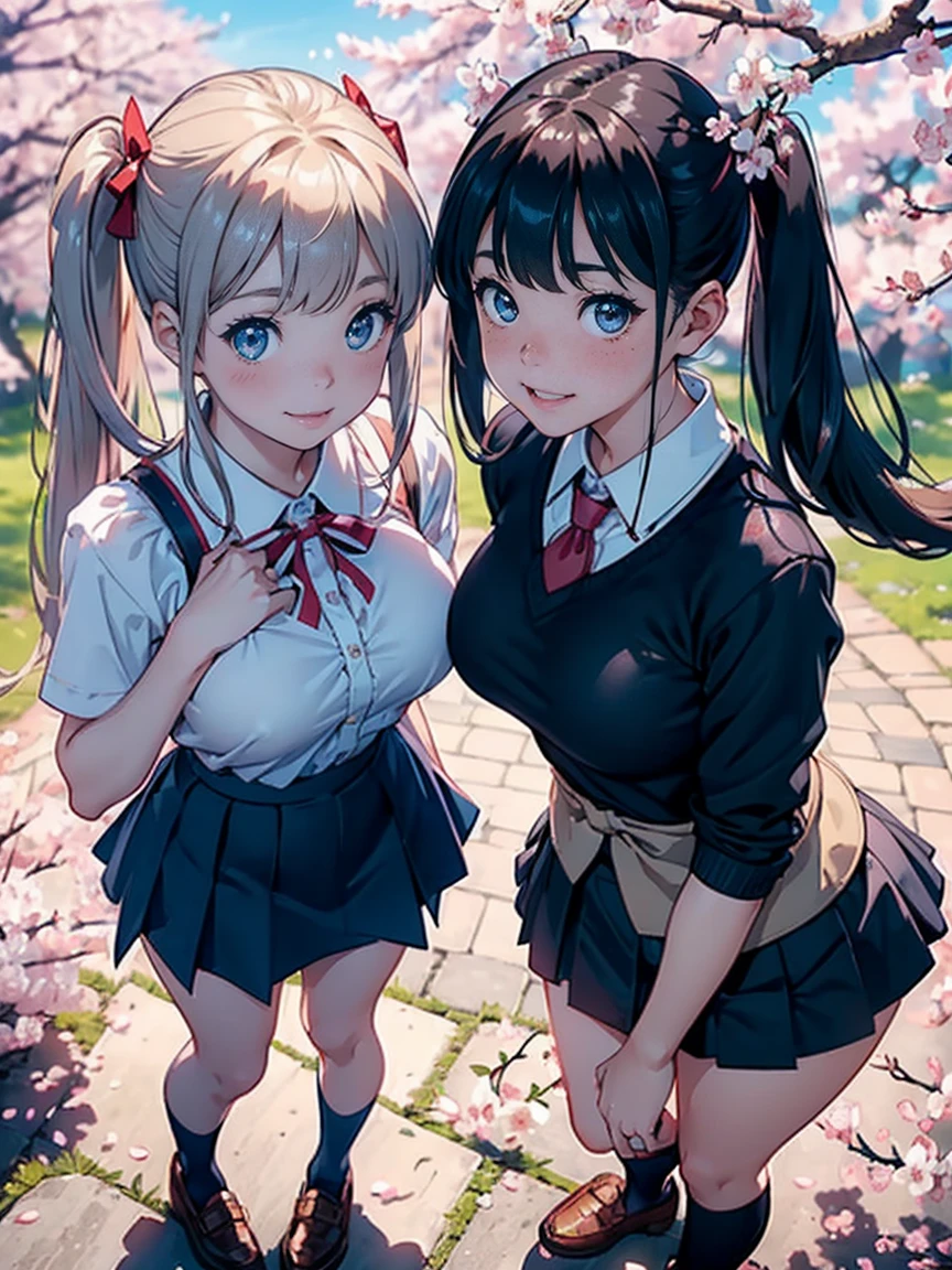 ultra-detailed, best quality, (masterpiece of watercolor:1.2), (The two girls are standing close together, frontal body, hands up, legs apart:1.1), 20 year old, perfect eyes, (round faced:1.1), blue eyes, (black hair, bangs:1.1), straight long hair girl and twin-tails girl,(shiny pale skin:1.1), (natural breasts), (massive muscular body, abs:1.2), thick legs, (Wearing blouse and skirt,socks,loafers), ultra-detailed pussy, natural hairy pussy, (happy and big smile:1.2), perfect tooth, frontal face, frontal body, perfect body, perfect hands,(full body:1.1), (perfect hairy pussy:1.2), look at viewer, Bloom, from front, (low angle:1.2), (outdoor,Under the cherry blossom tree in full bloom, blue sky, cherry blossom petals, Sparkling: 1.2)