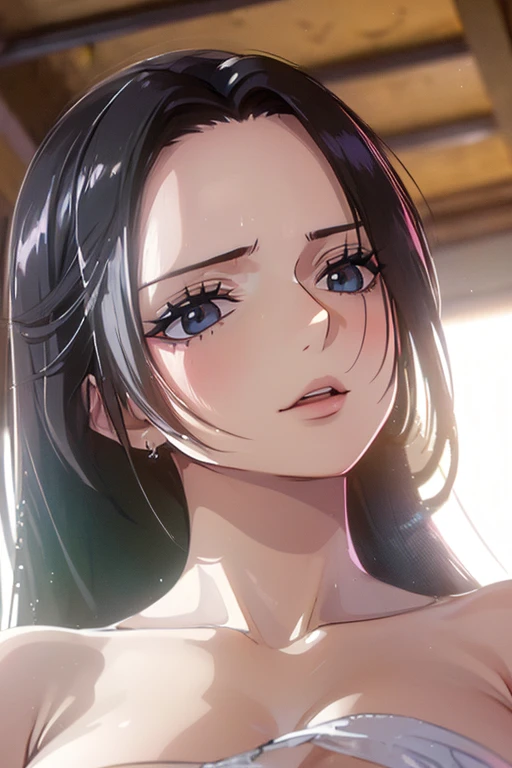 (((masterpiece))), (((best quality))), ((ultra-detailed)), (highly detailed CG illustration), Boa Hancock, (nsfw:1.5), (masterpiece:1.5), Detailed Photo, Sexy, (Best Quality: 1.4), (1girl), Beautiful Face, (black Hair, long Hair: 1.3), Beautiful Hairstyle, beautiful detail eyes, (realistic skin), beautiful skin, absurd, attractive, ultra high resolution, high definition, (sexually aroused:1.5), Pinkish white skin, cool white light, sexy pose, Beautiful , white background, pink soft white light, Wear a white dress, (bukkake:1.6), mature, onee-san, wife, upper body, sexy face