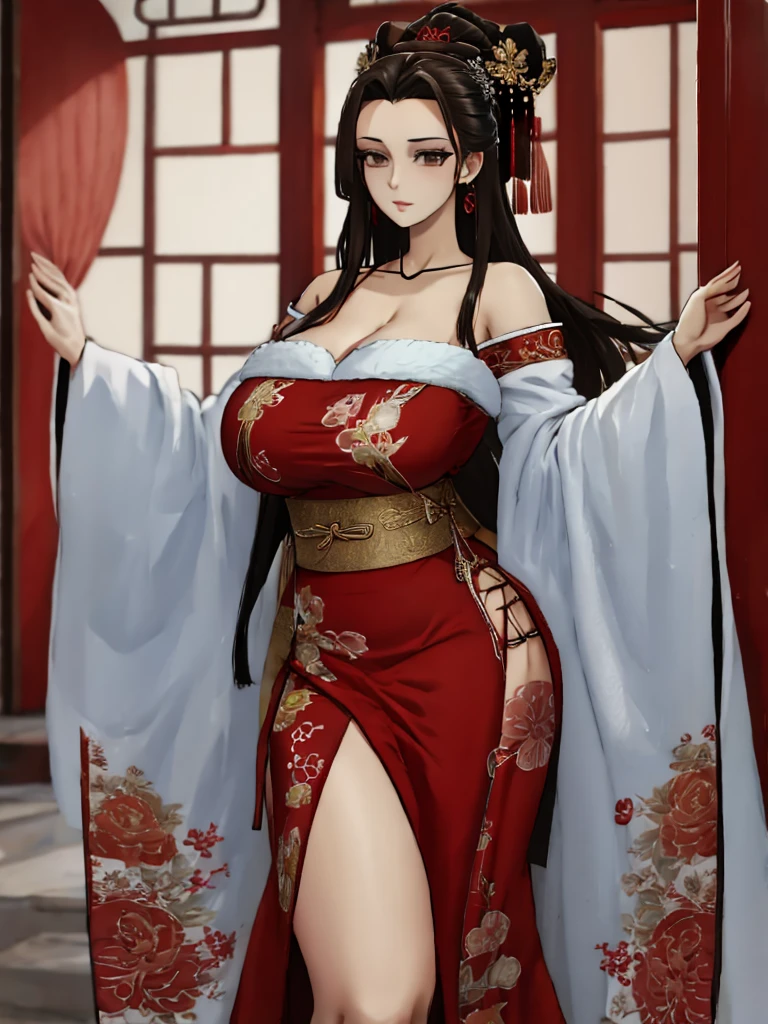 Reality, high resolution, 1 female, Mature female, Solitary, Huge Breasts，Showing cleavage，Hips up, Long hair, Hair accessories,earrings,Red Dress,Chinese clothes,necklace,Wide sleeves,sash,forehead gem