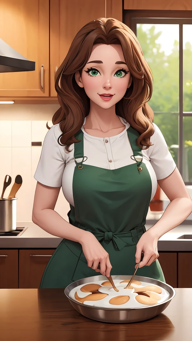 masterpiece, highest quality, Highly detailed 8k CG, High resolution, Create 3D Pixar-style cartoon scenes, Where women are, Wavy brown hair and green eyes、50 years old, She is cooking dressed as a pastry chef., whole body