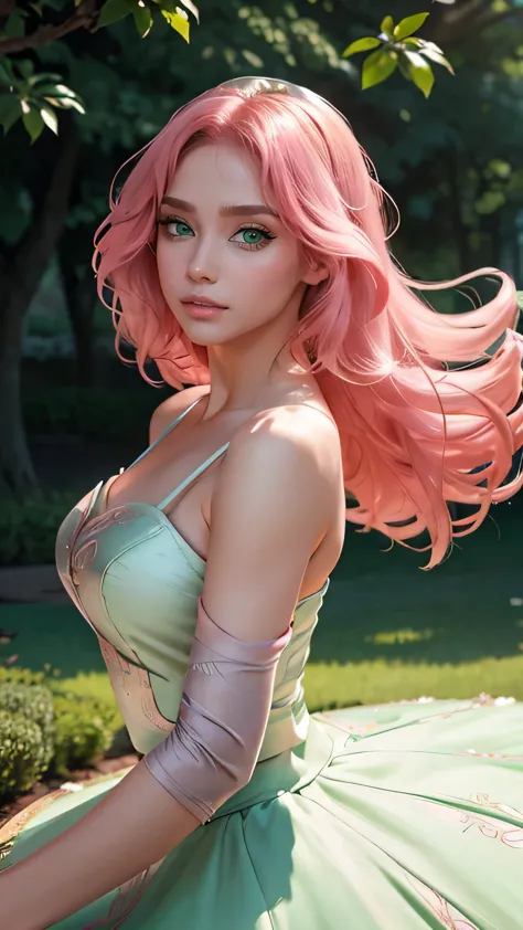 retrato do rosto de uma mulher de longos cabelos rosas e grandes olhos verdes vibrantes em um collant de bailarina treinando no ...