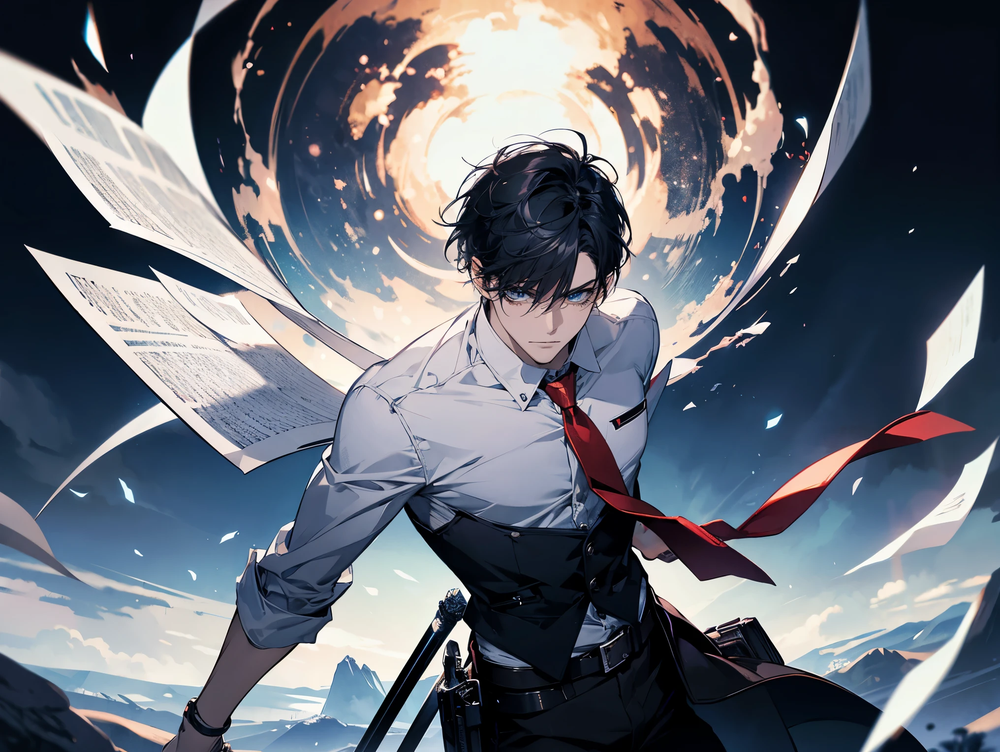 1 male,, 26 year old, masculine, short black hair, Attractive, red tie, White shirt, Rolled up sleeves, Black belt, Black pants, Beautiful blue eyes、beautiful hair、no expression, holding a sky blue sword, black hilt, Trending on ArtStation, 8K resolution, Highly detailed, Anatomically correct, Sharp Image, Digital Painting, Concept art, of the highest quality、galaxy background, flying pages