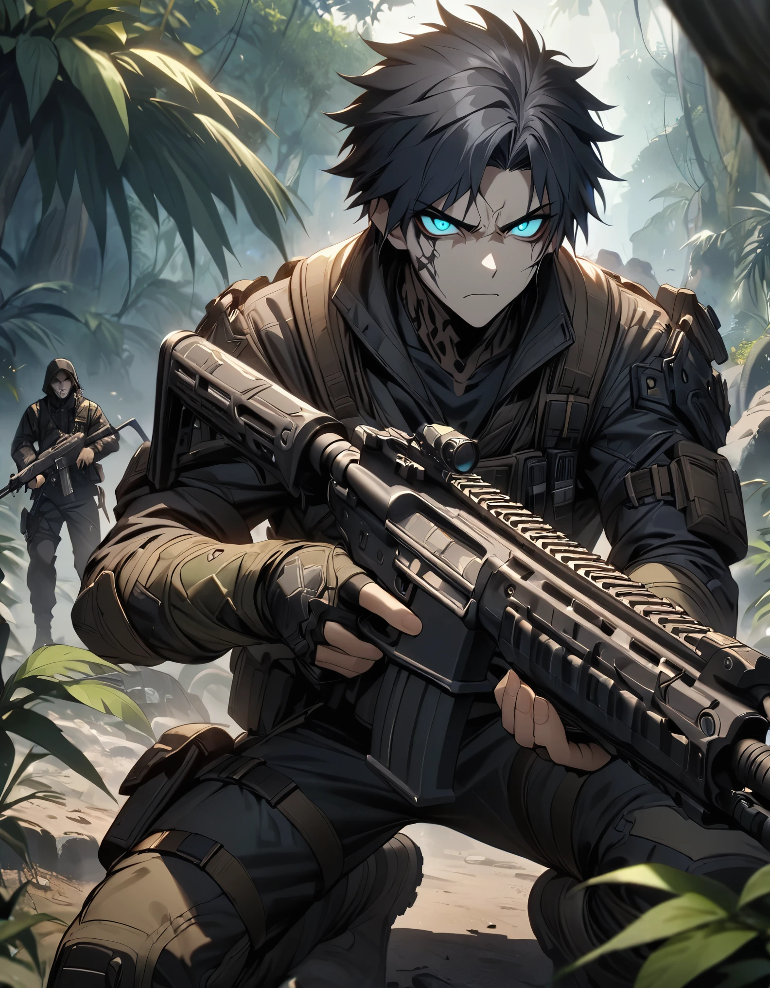 masterpiece, best quality, 1boy, male focus, solo, solo focus, black hair, aquamarine eyes, monkey human hybrid, mercenary, (holding an assault rifle), crouching position, jungle backdrop, war zone, serious, grim face, danger atmosphere.