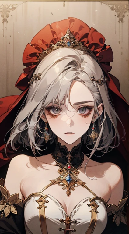 A painting of a woman with gray hair and an orange top, stunning anime face portrait, beautiful character painting, beautiful anime portrait, her image is rendered by red paint, presenting a stunning effect. The painting is very detailed, depicting women's faces and clothing. Her face has a creamy dripping effect, which makes the whole face more vivid. She wears a beautiful detailed outfit with pale gray hair. The proportions are accurate, and the costumes of the female characters are traditionally dressed, showing a classical charm.