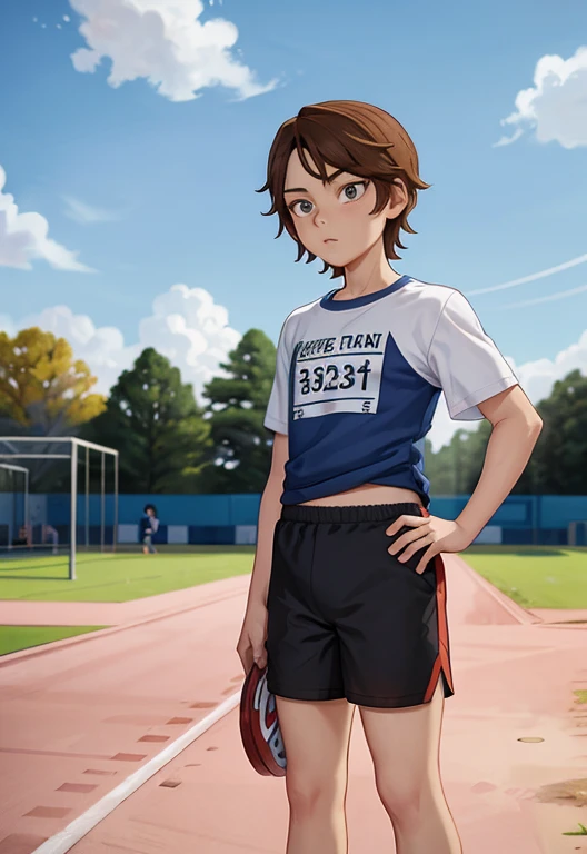 Masterpiece, high resolution, high quality, intricate details, full body portrait, front view, 1boy, solo, 13 years old boy, teenage male, short brown hair, looking at viewer, worried and uneasy expression, ((Wearing: White Gym T-shirt, Black Gym shorts, and blue sneakers)), standing, hands on hips, looking at viewer, (Background: outdoors, middle school track field, blue sky, clouds in the sky),
