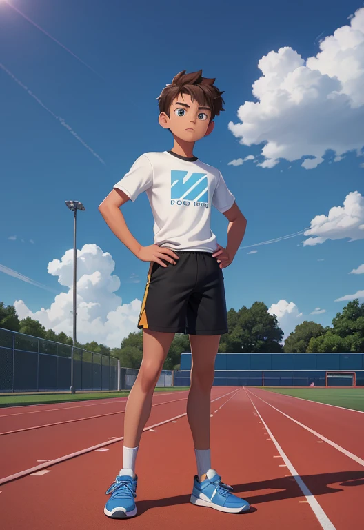 Masterpiece, high resolution, high quality, intricate details, full body portrait, front view, 1boy, solo, 14 years old boy, teenage male, short brown hair, looking at viewer, worried and uneasy expression, ((Wearing: White Gym T-shirt, Black Gym shorts, and blue sneakers)), standing, hands on hips, looking at viewer, (Background: outdoors, middle school track field, blue sky, clouds in the sky),
