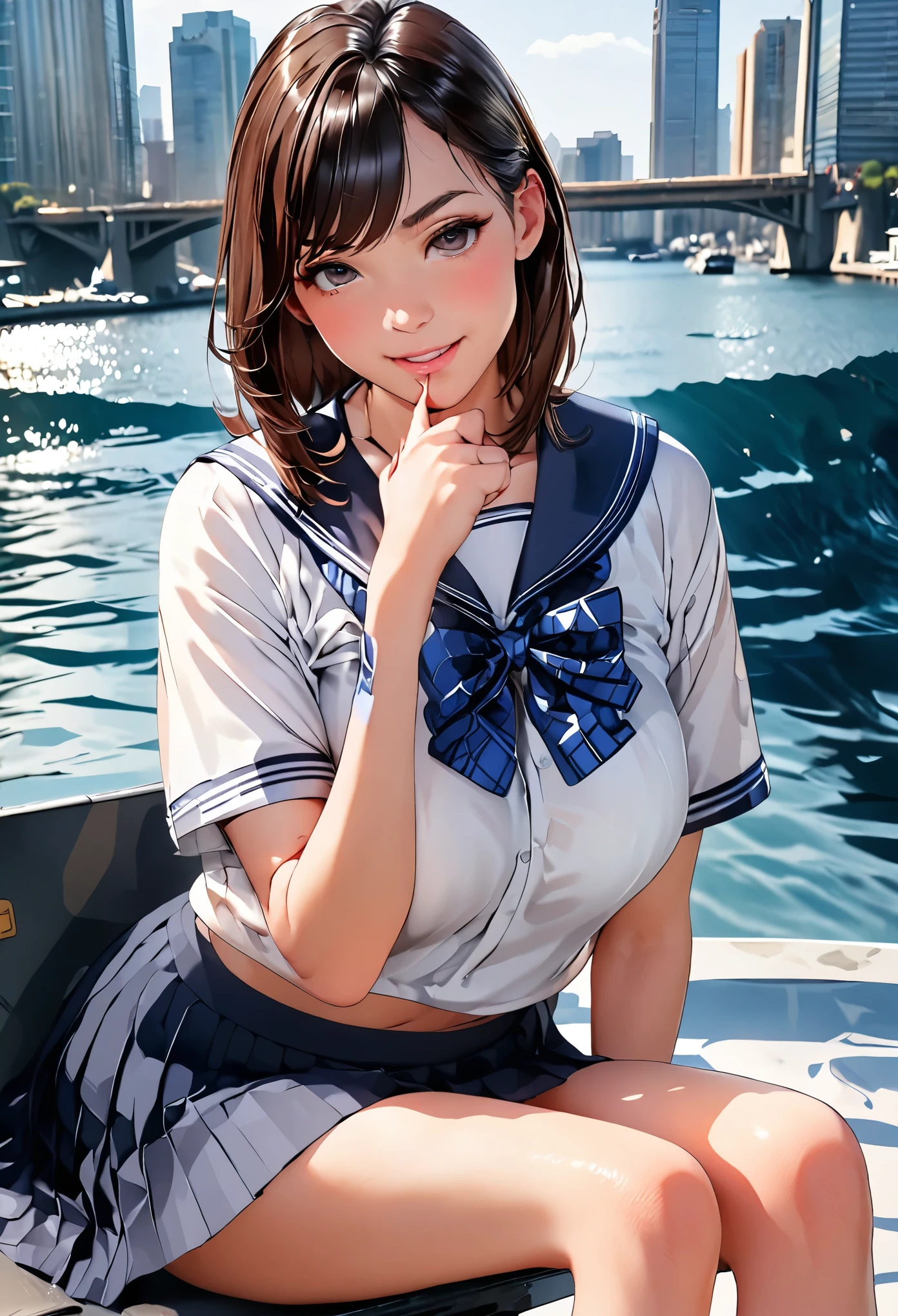 (masterpiece:1.3), (8k、Realistic, RAW Photos, highest quality:1.2), (alone), (1 girl), (cute:1.3), (Very beautiful 14 year old Japanese girl), Symmetrical perfect face, nice smile, Red cheeks, (Skin with attention to detail: 1.2), Photorealistic Anime Girl Rendering, Realistic anime 3D style, beautiful brown hair bob cut, Intense black eyes, Strong eye highlights, (Accurate and natural normal size breasts), Perfect Anatomy, messy hair, (Sailor suit), ((Navy colored white short sleeve shirt, Girls&#39; High School ,  navy pleated skirt, navy blue plaid bow tie)), (Luxury silk bra and panties), Accurate Arm, Five Fingers, Accurate legs, morning, (Beautiful Landscape Background), (Downtown), On the bench, get up, Volumetric lighting, Soft Light, bright, neon, bright色