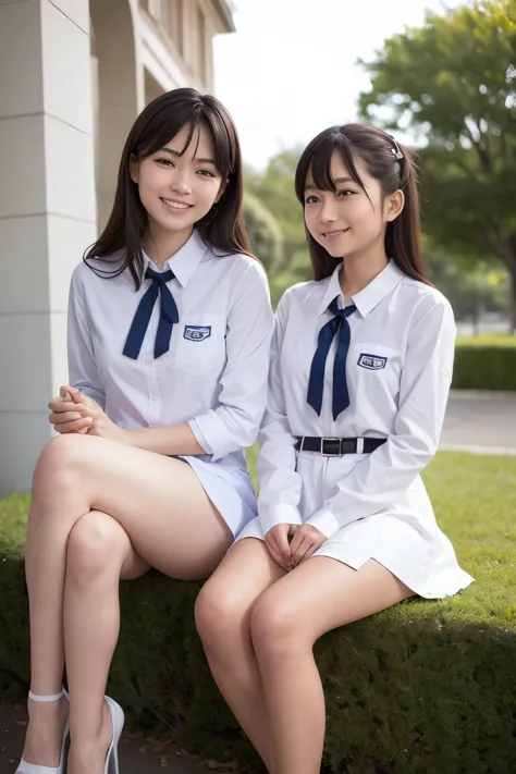 Girl and girl, ((uniform)), light smile, sitting, outdoors,