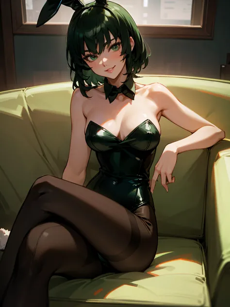 fubuki, green hair, pantyhose, playboy bunny, smile, office, cowboy shot, sitting, crossed legs, couch, highly detailed, hd, 4k,...