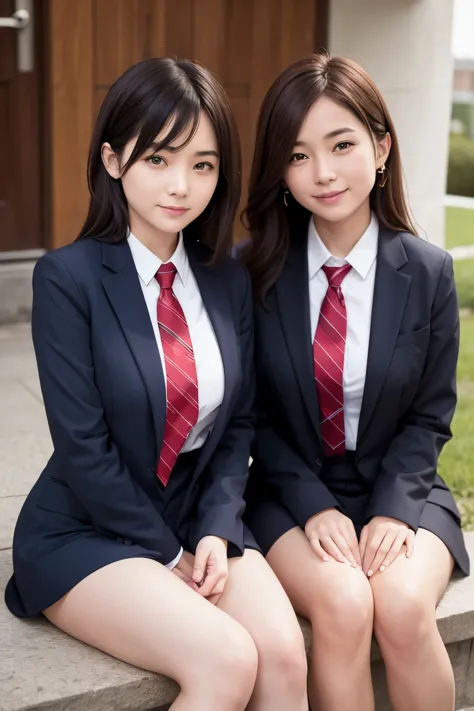 Girl and girl, ((uniform)), light smile, sitting, outdoors,