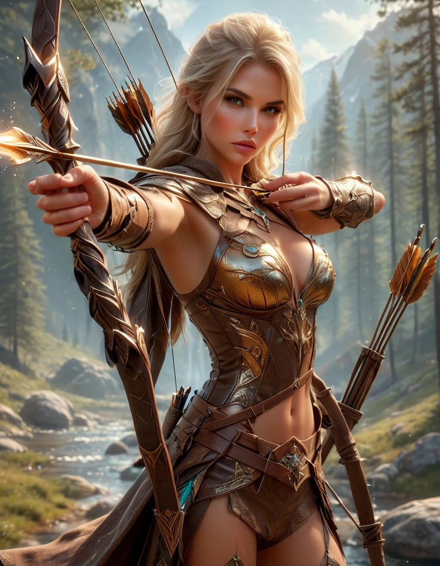 Surreal imagery, High quality ultra high definition 8K, 1 person, Detailed reality ((slim, high detail)), (muscular:1,2), ((tall model)), (Shoulder-length blonde hair), high detail realistic skin, ((Fantasy Archer, Wearing brown armor)), (((Fantasy golden bow weapon))) ((Magic light arrow, Spells)), True and vivid colors, permanent