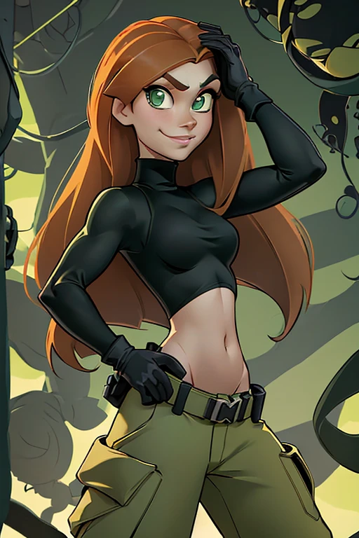 (kim possible, long hair, green eyes, black turtleneck, navel, gloves, utility belt, cargo pants:1.3), smirk, outdoors, adjusting hair, Masterpiece, best quality, detailed background, intricate details, detailed