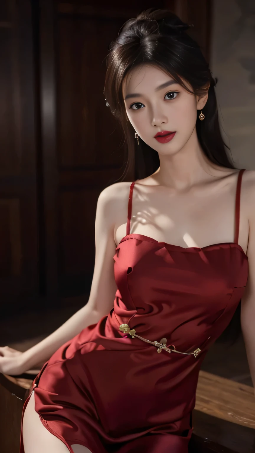 Night shot，A girl wearing a red silk cheongsam，Girl&#39;s hair style，Delicate and fair skin，Fine hair，Big bright eyes，Long eyelashes，Simple hair accessories，Tassel earrings，Oval face，Light eyeshadow and blush，Red lips，Delicate，Delicate clavicle，Full and firm breastodel figure，Curvy figure，Perfect body proportions，Thin waist，Detailed clothing details，Realistic，Look at the camera， masterpiece, RAW photo, 8k resolution, realistic, exquisitely detailed skin, masterpiece, best quality, unity 8k wallpaper, ultra detailed, cinematic look, natural skin texture, extremely realistic skin texture, finely detailed face,(film grain:1.2),cinematic angle, Fujifilm XT3, (highly detailed), (detailed lighting),(contrast),(mysterious atmosphere),vivid illumination, masterful technique, harmonious composition, immersive atmosphere, stunning visuals, best quality, official art, extremely detailed CG, highly detailed,  