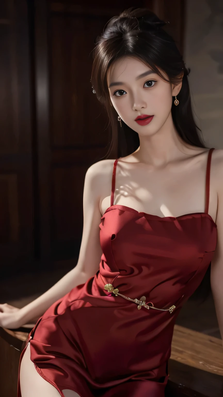 photo de nuit，Une fille portant un cheongsam en soie rouge，fille&#39;la coiffure de，délicat and fair skin，cheveux fins，de grands yeux brillants，long cils，accessoires pour cheveux simples，boucles d&#39;oreilles à pampilles，visage oval，Fard à paupières clair et blush，lèvres rouges，délicat，délicat clavicle，Figure de modèle de sein pleine et ferme，silhouette courbée，proportions corporelles parfaites，taille fine，Détails détaillés des vêtements，réaliste，regarde la caméra， chef-d&#39;œuvre, Photo brute, Résolution 8k, réaliste, Peau extrêmement détaillée, chef-d&#39;œuvre, meilleure qualité, unité 8k fond d&#39;écran, ultra détaillé, aspect cinématographique, texture naturelle de la peau, extremely réaliste skin texture, visage finement détaillé,(grain de film:1.2),angle cinématographique, Fujifilm XT3, (très détaillé), (Éclairage détaillé),(contraste),(atmosphère mystérieuse),éclairage vif, technique magistrale, composition harmonieuse, ambiance immersive, des visuels époustouflants, meilleure qualité, art officiel, CG extrêmement détaillé, très détaillé,  