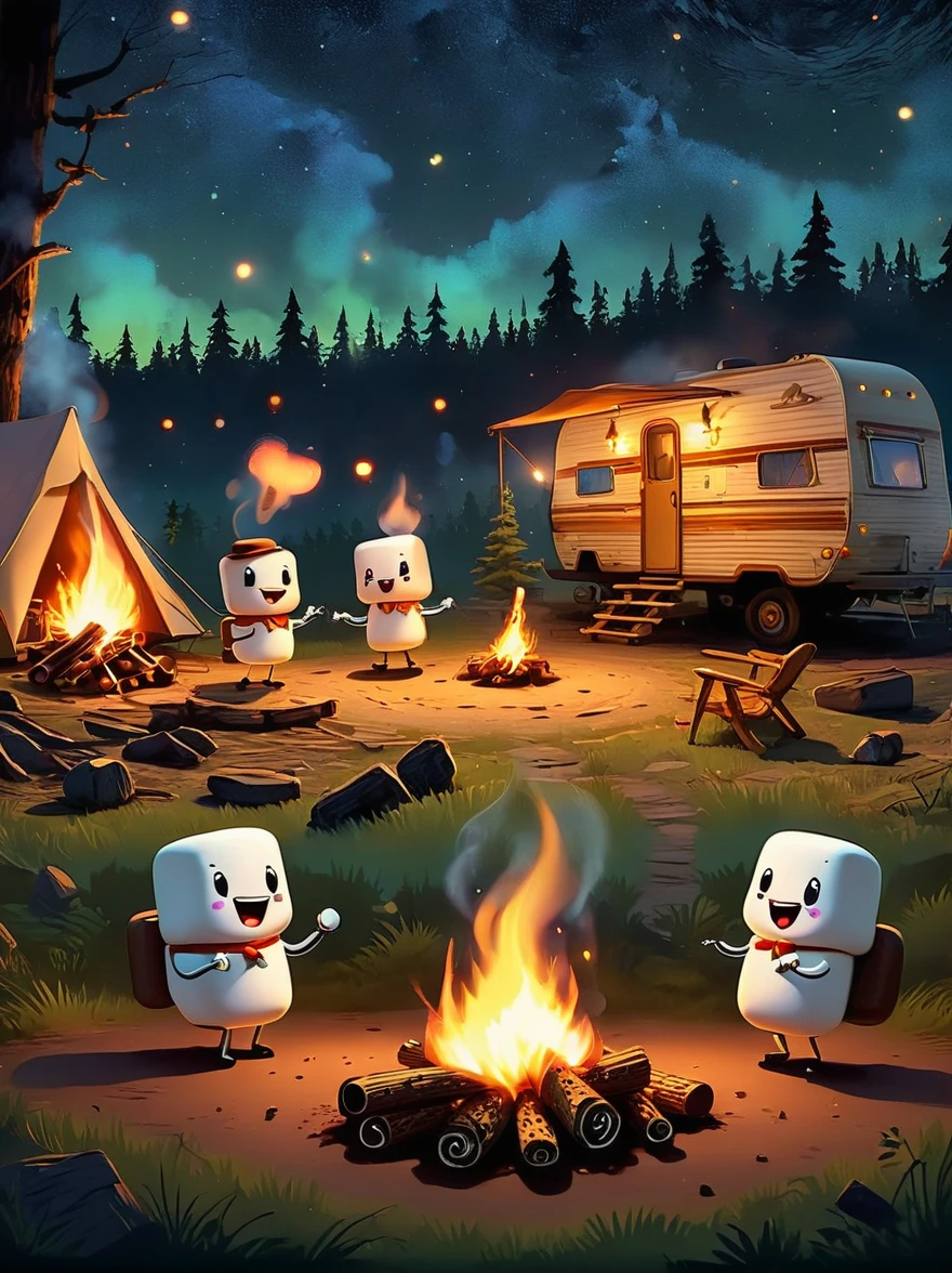 A vibrant, animated scene set in a camping ground under a star-studded night sky. In the middle of the site, there is a glowing bonfire with logs sitting in a stack nearby. Dancing around this fire are adorable little characters that greatly resemble smores, having marshmallow bodies, chocolate hair and graham cracker clothing. These cartoonish smores are engaged in various camping activities. Some are playfully chasing each other, some are sitting and telling humorous stories, while others are engaging in a game of tag. The whole area is lit by the flickering glow of the fire, which adds warmth and coziness to the whimsical scene.