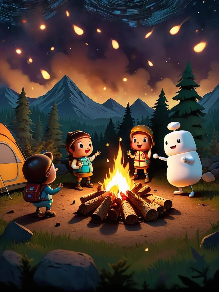 A vibrant, animated scene set in a camping ground under a star-studded night sky. In the middle of the site, there is a glowing bonfire with logs sitting in a stack nearby. Dancing around this fire are adorable little characters that greatly resemble smores, having marshmallow bodies, chocolate hair and graham cracker clothing. These cartoonish smores are engaged in various camping activities. Some are playfully chasing each other, some are sitting and telling humorous stories, while others are engaging in a game of tag. The whole area is lit by the flickering glow of the fire, which adds warmth and coziness to the whimsical scene.